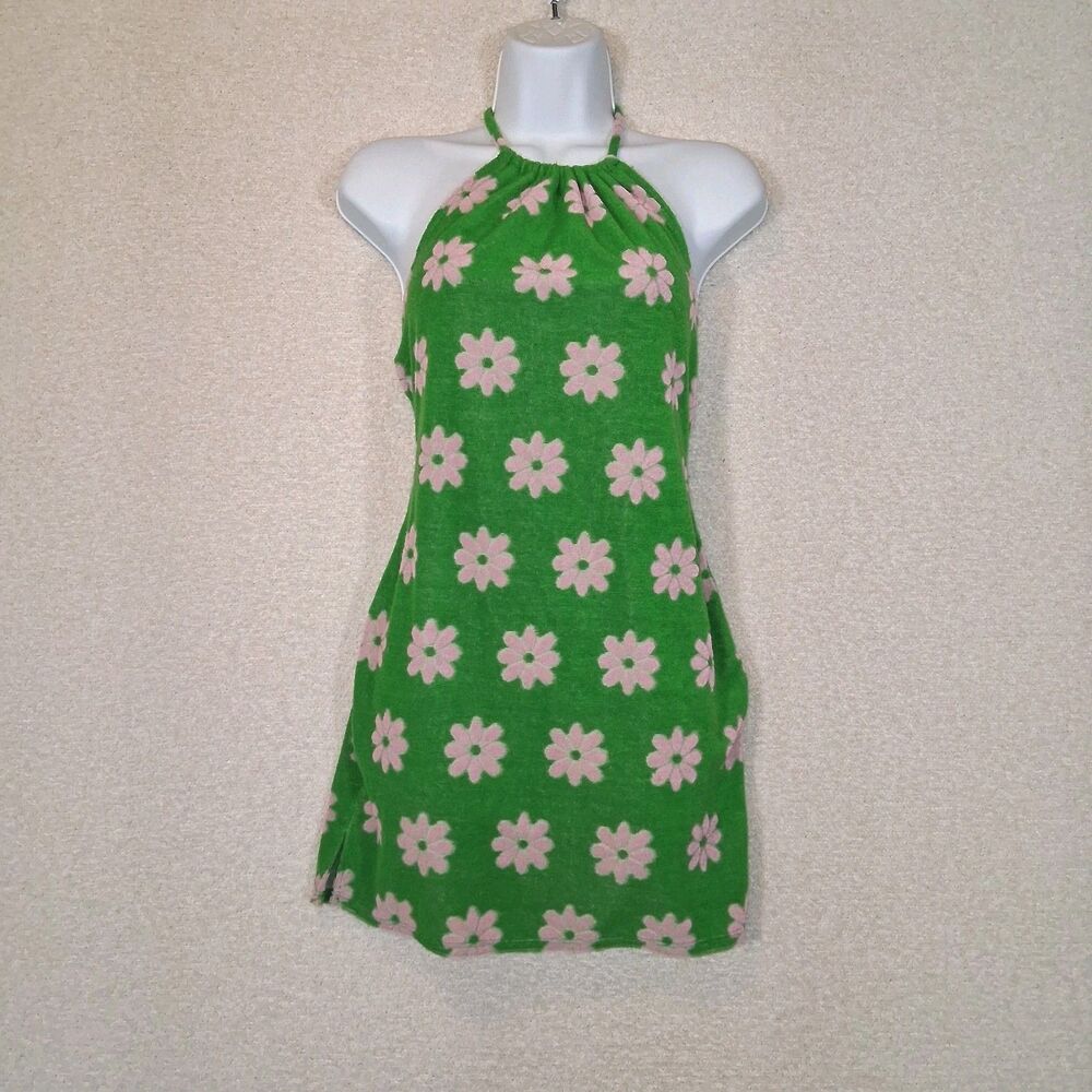 Terry Cloth Floral Halter Mini Dress Sz Xs Y2k Retro 60s Maximalist Colorful